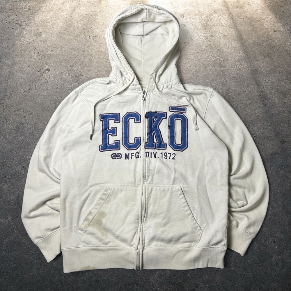 Vintage Ecko Unltd Zip Up Hoodie White Blue Skater Baggy Y2K Size Large
